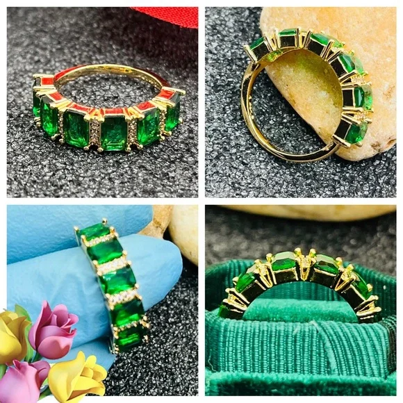 NEW Radiant Real Gold Plated Green Emerald Stones CZ Stacking Half Eternity Ring - Picture 3 of 5